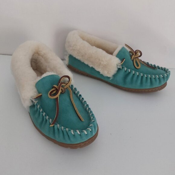 LL Bean Slippers Women 8 Teal Blue Suede Fur Lined Moccasins Cabincore Durable - Picture 4 of 15